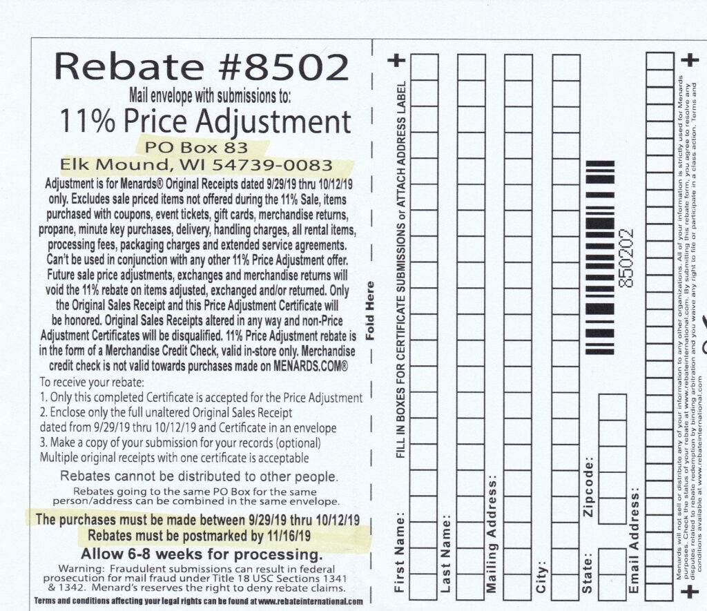 Menards Rebate Form 7069