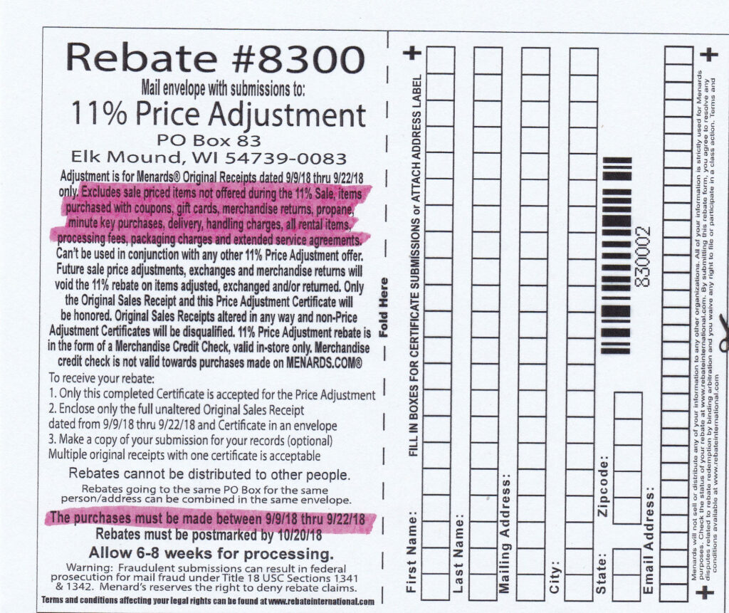 Menards Price Adjustment Rebate Form September 2022