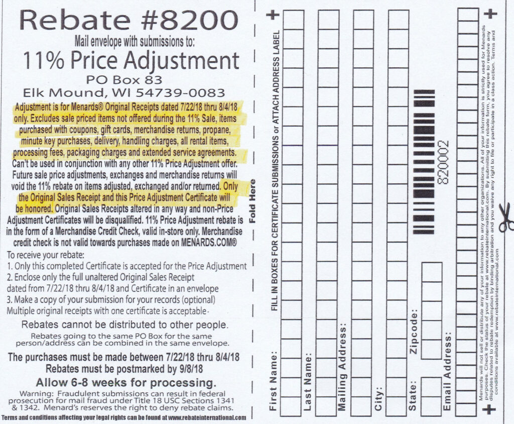 Menards Rebate Adjustment Form August 2024