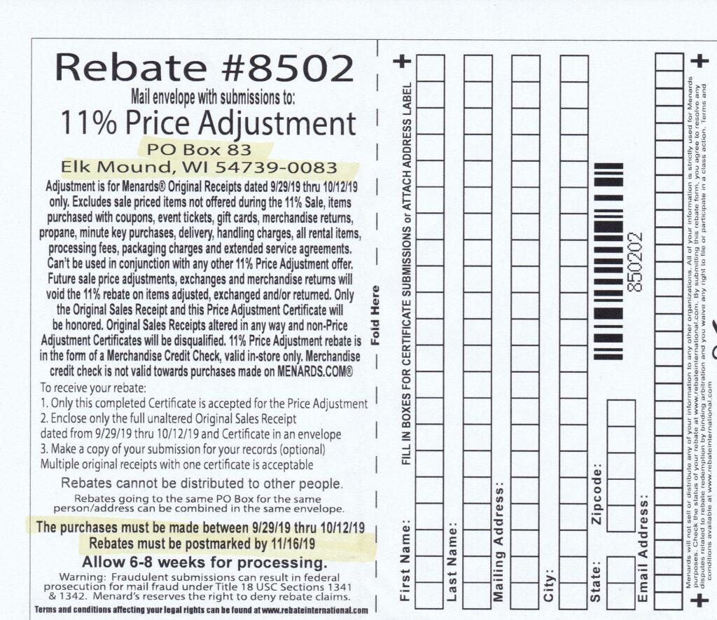 Menards Rebate Printout