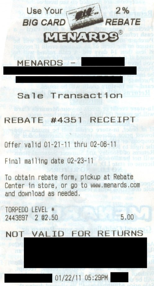 Menards Rebate Reciept